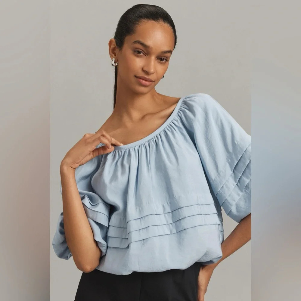 Maeve Anthropologie Short Sleeve Bubble Tiered Top Sky Blue Women’s Size Medium